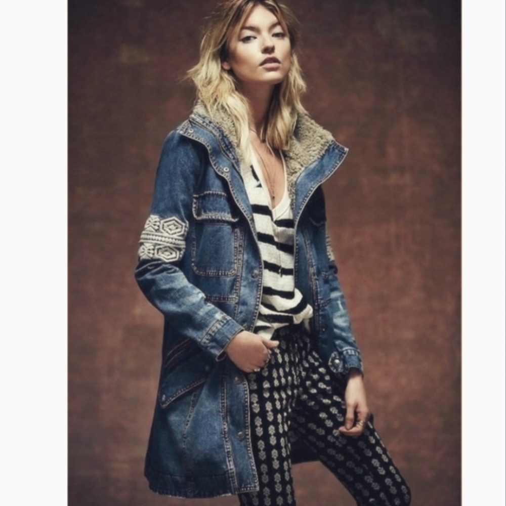 Free People Rendered Denim Embroidered Sherpa